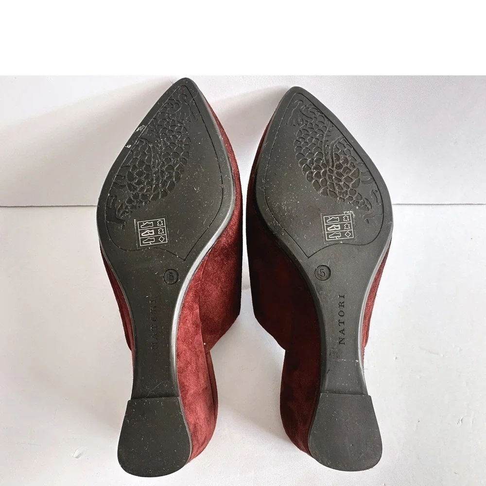 Natori Burgundy Academia Minimalist Suede Pointed Toe Wedge Mules Womens US 5